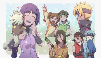 2boys 5girls adjusting_eyewear animal_on_arm ariamikukanzaki black_eyes black_hair black_headband black_jacket blonde_hair blue_eyes blue_hair boruto:_naruto_next_generations braid brown_hair closed_eyes detached_sleeves forehead_protector fur-trimmed_jacket fur_trim glasses green_jacket hair_between_eyes headband holding holding_scroll hyuuga_hanabi izuno_wasabi jacket japanese_clothes kakei_sumire kimono long_hair mitsuki_(naruto) multiple_boys multiple_girls naruto_(series) nue_(boruto) open_mouth purple_eyes purple_hair red-framed_eyewear red_headband scroll short-sleeved_jacket short_hair short_sleeves sleeves_past_wrists smile suzumeno_namida uchiha_sarada uzumaki_boruto very_long_hair yellow_kimono