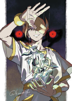 1boy arceus blonde_hair gen_4_pokemon giratina glowing glowing_eyes hair_over_one_eye highres karakishi_it legendary_pokemon male_focus mythical_pokemon nintendo parted_lips pokemon pokemon_legends:_arceus red_eyes shirt smirk solo_focus string twitter_username upper_body volo_(pokemon) white_shirt
