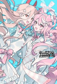 2girls animal_ears blue_background bow bowtie chainsaw_man cross-shaped_pupils demon_girl demon_horns dress dress_bow evodtonaeco frills hair_between_eyes hair_ornament hairband highres horns jacket long_hair looking_at_viewer multiple_girls open_mouth pink_bow pink_eyes pink_hair power_(chainsaw_man) red_eyes smile symbol-shaped_pupils tail