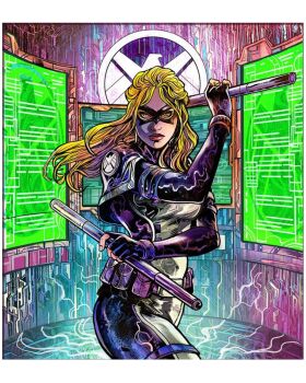 1girl bag baton_(weapon) black_bodysuit black_mask blonde_hair bodysuit dynamic_pose fingerless_gloves gloves green_eyes grey_bodysuit highres holding_baton holding_baton_(weapon) holographic_interface holographic_monitor holster insignia logo long_hair marvel marvel_snap mask mockingbird_(marvel) multicolored_bodysuit official_art satchel solo staff thigh_holster two-tone_bodysuit vinartwork weapon western_comics_(style)
