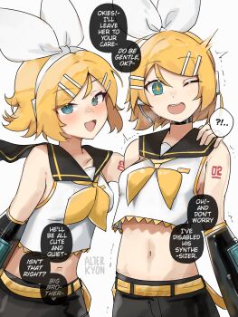 !? 1boy 1girl alterkyon animegao artist_name blonde_hair blue_eyes blush breasts commentary cosplay crop_top crop_top_overhang english_commentary english_text hair_ornament hairclip highres kagamine_len kagamine_rin kagamine_rin_(cosplay) kigurumi looking_at_viewer mask mask_on_head midriff navel open_mouth parallel_hairclips sailor_collar shorts sideboob small_breasts smile teeth trembling upper_teeth_only vocaloid