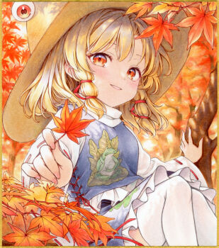 1girl animal_print autumn autumn_leaves blonde_hair blush brown_hat commentary_request frilled_skirt frills frog_print hair_ribbon hat holding holding_leaf in_tree leaf long_sleeves looking_at_viewer maple_leaf marker_(medium) moriya_suwako orange_eyes outdoors pink_nails print_skirt print_vest purple_skirt purple_vest red_ribbon ribbon s.mamiya sitting sitting_in_tree skirt skirt_set solo thighhighs touhou traditional_media tree tress_ribbon vest white_thighhighs wide_sleeves