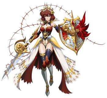 1girl armor armored_boots bare_shoulders blue_leotard blue_sleeves blue_thighhighs boots brambles breasts brown_eyes brown_hair choker cleavage cleavage_cutout closed_mouth clothing_cutout detached_sleeves faulds flare_(langrisser) flower full_body game_cg gem gloves gold_armor gold_choker gold_thighlet gold_tiara gold_trim golden_rose hair_between_eyes hair_flower hair_ornament highleg highleg_leotard highres holding holding_shield holding_sword holding_weapon jewelry knight langrisser langrisser_iii langrisser_mobile leg_up leotard looking_at_viewer medici_collar medium_breasts medium_hair multicolored_leotard official_alternate_costume official_art red_gemstone red_skirt rose second-party_source shield showgirl_skirt simple_background skirt smile solo standing standing_on_one_leg sword tachi-e thighhighs thighlet thorns tiara transparent_background two-sided_fabric two-sided_skirt vambraces weapon white_gloves white_leotard white_skirt white_tiara zettai_ryouiki