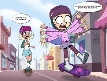 2girls andrea_davenport commentary crossover english_commentary english_text green_eyes highres jackie_lynn_thomas joseartcentenoofficial long_hair multicolored_hair multiple_girls open_mouth pantyhose short_hair skateboard skateboarding star_vs_the_forces_of_evil teeth the_ghost_and_molly_mcgee toon_(style) upper_teeth_only very_long_hair wide-eyed