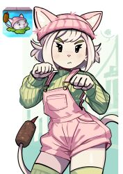 Rule 34 | 1girl, :&lt;, absurdres, beanie, cat tail, cattail, cattail (plants vs zombies), clenched hands, colored skin, commentary, cowboy shot, creature and personification, english commentary, green hat, green sweater, green thighhighs, hands up, hat, highres, long sleeves, looking at viewer, overalls, paw pose, peargor, personification, pink overalls, plant, plants vs zombies, reference inset, ribbed sweater, short hair, sweater, tail, thighhighs, v-shaped eyebrows, white hair, white skin