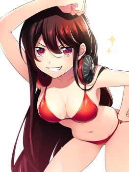 1girl 7dango7 arm_up bare_shoulders bikini black_hair blush breasts cleavage fate/grand_order fate_(series) grin headphones headphones_around_neck leaning_forward long_hair looking_at_viewer medium_breasts navel oda_nobunaga_(fate) oda_nobunaga_(swimsuit_berserker)_(fate) red_bikini red_eyes smile solo sparkle swimsuit