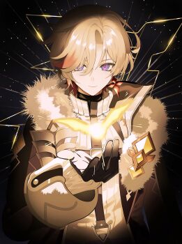 Rule 34 | 1boy, absurdres, black background, black gloves, blue eyes, coat, commentary, earrings, fur-trimmed coat, fur trim, genshin impact, gloves, grey hair, hair between eyes, hair over one eye, highres, illuga (genshin impact), jewelry, male focus, mole, mole under eye, multicolored hair, naru9, red hair, red pupils, scar, scar on chest, scar on neck, silver trim, single earring, sleeveless, sleeveless turtleneck, solo, sweater, symbol-only commentary, turtleneck, turtleneck sweater, two-tone hair, upper body, winter clothes, winter coat