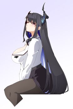 1girl asymmetrical_horns black_hair black_skirt blue_hair breasts cleavage colored_inner_hair crystal_horns demon_horns flower highres hololive hololive_english horn_flower horns invisible_chair jewelry joeboto large_breasts leather leather_skirt long_hair looking_at_viewer mole mole_under_eye multicolored_hair nerissa_ravencroft nerissa_ravencroft_(casual) office_lady official_alternate_costume one_eye_closed pantyhose pencil_skirt red_eyes shirt simple_background sitting skirt solo two-tone_hair uneven_horns very_long_hair virtual_youtuber white_background white_shirt