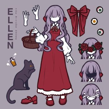 1girl absurdres basket black_cat bow cat character_name cinnamon_(user_gmeh7488) copyright_name dress ellen_(majo_no_ie) eyeball faceless faceless_female flower full_body grey_background head_wreath highres holding holding_basket long_hair long_sleeves majo_no_ie potion purple_hair red_bow red_dress red_flower red_rose red_shoes rose shoes solo very_long_hair