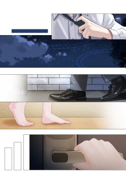 1boy 1girl absurdres barefoot black_shoes blue_archive collared_shirt commentary_request grey_pants highres kayoko_(blue_archive) night opening_door pants ryoya sensei_(blue_archive) shirt shoes sky undoing_own_necktie walking white_shirt