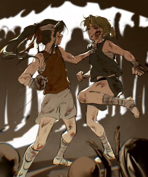 Rule 34 | 2girls, aihara-rina, alternate costume, alternate hairstyle, bandaged hand, bandaged leg, bandages, black shirt, black shorts, bleeding, blonde hair, blood, blood on clothes, bow, boxing, braid, brown hair, chest sarashi, chinese commentary, commentary request, fighting, hair bow, hakurei reimu, highres, kirisame marisa, long hair, multiple girls, people, ponytail, red bow, red shirt, sarashi, scratches, shirt, short ponytail, shorts, sleeveless, sleeveless shirt, touhou, white shorts, yellow eyes