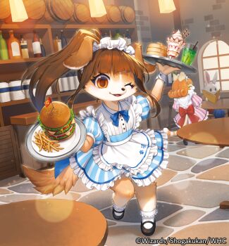 1boy 2girls black_footwear blue_bow blue_dress bobby_socks bottle bow brown_hair burger cat_girl copyright_name dog_girl dress duel_masters food french_fries furry furry_female furry_male holding holding_menu kemonomichi_(blue_black) long_hair mary_janes menu multiple_girls official_art one_eye_closed open_mouth orange_hair ponytail rabbit_boy red_bow shoes socks stone_floor striped_clothes striped_dress table thick_eyebrows tress_the_serving_dog wai_the_order_cat white_socks wine_bottle