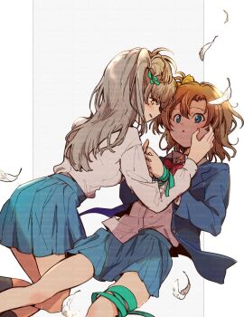 2girls blue_eyes blue_jacket blue_skirt bow bowtie commentary_request falling_feathers feathers grey_hair hand_on_another&#039;s_face jacket kidapipi_7 kosaka_honoka love_live! love_live!_school_idol_project medium_hair minami_kotori multiple_girls one_side_up orange_hair pleated_skirt red_bow red_bowtie shirt skirt white_shirt yuri