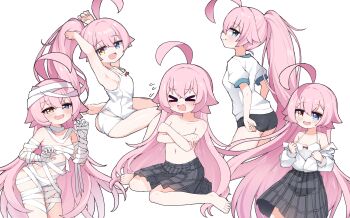 absurdres ahoge blue_archive blue_eyes blush breasts fang halo heterochromia highres hoshino_(blue_archive) huge_ahoge long_hair multiple_girls pink_hair pink_halo shirt simple_background skirt smile very_long_hair white_shirt