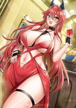 1girl absurdres artist_name bare_shoulders black_gloves blush breasts champagne_flute choker cleavage collarbone cowboy_shot cup dress drinking_glass dutch_angle earrings fingerless_gloves gloves goddess_of_victory:_nikke half_gloves highres horns huge_breasts indoors jewelry katou_shinobu long_hair looking_at_viewer navel official_alternate_costume open_mouth red_dress red_hair red_hood_(nikke) red_hood_(nonsense_red)_(nikke) revealing_clothes smile solo standing thighlet yellow_eyes