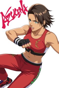 1girl asymmetrical_hair azucena_milagros_ortiz_castillo black_gloves brown_hair character_name cornrows cropped_shirt fingerless_gloves gloves highres john05659610 navel no_socks pants print_pants red_pants red_shirt shirt short_hair simple_background solo tekken tekken_8 white_background
