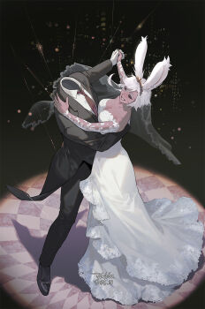 1boy 1girl animal_ears artist_name black_jacket braid breasts byuub closed_eyes dated dress final_fantasy final_fantasy_xiv formal_clothes grin headless highres holding_hands jacket necktie original rabbit_ears rabbit_girl red_necktie shirt short_hair smile spotlight suit tewa_(byuub) tiara veil viera waltz_(dance) white_dress white_hair white_shirt