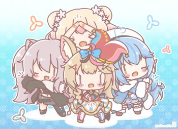 Rule 34 | > <, 4girls, :d, ;d, ahoge, animal ear fluff, animal ears, arms up, beret, black jacket, black panties, black shirt, blonde hair, blue hair, blue jacket, blue skirt, blush stickers, boots, brown boots, brown eyes, brown hair, chibi, club hair ornament, commentary request, diamond hair ornament, double bun, facial mark, fang, fox ears, fox girl, fox tail, fur-trimmed boots, fur-trimmed jacket, fur-trimmed sleeves, fur trim, grey eyes, grey hair, grey skirt, hair between eyes, hair bun, hair ornament, hairclip, hat, heart, heart ahoge, heart hair ornament, highleg, highleg panties, highres, hololive, jacket, jester cap, lion ears, lion girl, lion tail, long hair, long sleeves, midriff, mitarashi neko, momosuzu nene, momosuzu nene (1st costume), multicolored hair, multiple girls, navel, notice lines, omaru polka, omaru polka (1st costume), one eye closed, open clothes, open jacket, open mouth, panties, pleated skirt, pointy ears, puffy long sleeves, puffy sleeves, purple eyes, shirt, shishiro botan, shishiro botan (1st costume), skirt, sleeves past fingers, sleeves past wrists, smile, spade hair ornament, streaked hair, tail, tilted headwear, two side up, underwear, very long hair, virtual youtuber, white hat, wide sleeves, x hair ornament, xd, yukihana lamy, yukihana lamy (1st costume)