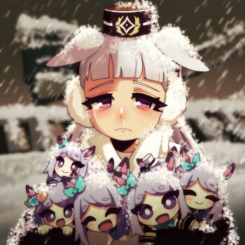 1girl absurdres alternate_costume animal_ears blunt_bangs blurry blurry_background blush character_doll closed_mouth doll earmuffs gold_ship_(umamusume) grey_hair highres holding holding_stuffed_toy horse_ears horse_girl kitnoko long_hair looking_at_viewer mejiro_mcqueen_(umamusume) outdoors pink_eyes snow snowing solo stuffed_animal stuffed_toy umamusume upper_body