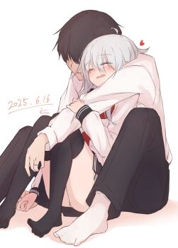 Rule 34 | 1boy, 1girl, admiral (kancolle), black hair, black pants, black thighhighs, blush, closed eyes, commentary request, couple, dated, faceless, faceless male, grey hair, hair over eyes, heart, hetero, hibiki (kancolle), highres, holding hands, hug, husband and wife, jewelry, kantai collection, kuuru (kuuru-n), long sleeves, neckerchief, open mouth, pants, red neckerchief, ring, sailor collar, school uniform, serafuku, shirt, signature, simple background, sitting, thighhighs, wedding ring, white background, white shirt