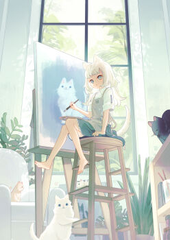 1girl :o animal animal_ears apron aqua_skirt arm_at_side arm_support barefoot blue_eyes bookshelf cat cat_ears cat_girl cat_tail commentary couch easel english_commentary from_side full_body gina_61324 grey_apron hand_up highres indoors looking_at_viewer looking_to_the_side medium_hair on_stool original painting_(action) painting_(object) parted_lips plant potted_plant shirt short_sleeves sitting skirt solo tail white_hair white_shirt window