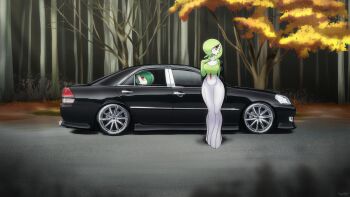 1boy 1girl absurdres arm_behind_back artist_name black_jacket blue_hair bob_cut breasts car cleavage clothed_pokemon collarbone forest gallade gardevoir gen_3_pokemon gen_4_pokemon green_hair hair_over_one_eye hand_on_own_chest hand_up highres jacket jacket_on_shoulders large_breasts lipstick_mark lipstick_mark_on_face looking_to_the_side mature_female motor_vehicle multicolored_hair nature nintendo off_shoulder one_eye_covered open_clothes open_jacket open_mouth outdoors pearboy-ooh pokemon pokemon_(creature) red_eyes short_hair sideways_glance signature solo_focus tree two-tone_hair wide_hips wide_shot