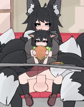 1futa 2girls animal_ears animated black_fur burger clothes_lift cum cum_in_pussy eyeroll fox_ears fox_tail futanari loli multiple_girls multiple_tails penis pussy red_eyes skirt skirt_lift stealth_sex tagme tail video white_eyes
