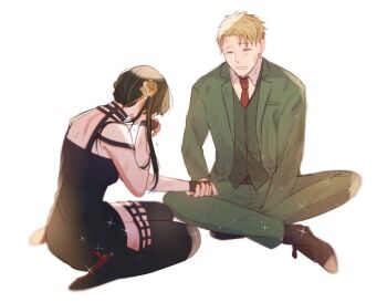 Rule 34 | 1boy, 1girl, bare shoulders, black boots, black dress, black hair, black shoes, blonde hair, boots, closed eyes, collared shirt, couple, dirty, dirty clothes, dirty face, dress, flower, formal clothes, full body, gold flower, green jacket, green pants, green suit, green vest, hair flower, hair ornament, hair stick, hetero, high heel boots, high heels, holding hands, indian style, jacket, kneeling, laughing, long hair, nako (5a64 sf), necktie, open mouth, pants, red necktie, shirt, shoes, short hair, sidelocks, sitting, smile, sparkle, spy x family, suit, suit jacket, thigh boots, twilight (spy x family), updo, vest, white background, white shirt, yor briar