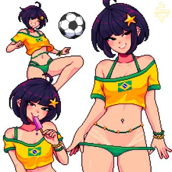 1girl :d ahoge artist_logo artist_name artist_self-insert ball bare_shoulders bead_bracelet beads belly_chain bikini bikini_tan bikini_under_clothes black_eyes blush bob_cut bracelet brazilian_flag brazilian_flag_print brazilian_miku brazilian_miku_(cosplay) breasts cleavage collarbone commentary cosplay cowboy_shot crop_top dripping earrings eating english_commentary flag_print floating_clothes food green_bikini green_trim grin hair_ornament hatsune_miku highres holding holding_food holding_popsicle jewelry kicking knee_up licking logo looking_at_viewer looking_to_the_side lowleg lowleg_bikini midriff miss_heed multiple_earrings multiple_views narrowed_eyes naughty_face navel navel_piercing no_pants off-shoulder_shirt off_shoulder one_eye_closed open_mouth original piercing pixel_art playing_sports popsicle purple_hair shirt short_hair short_sleeves signature small_breasts smile soccer_ball solo_focus standing standing_on_one_leg star_(symbol) star_hair_ornament swimsuit tan tanline teasing white_background yellow_shirt yumykon yumykon_(yumykon)