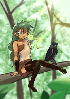 1girl absurdres ahoge bird choker commentary_request crow dark-skinned_female dark_skin deltora_quest full_body green_eyes green_hair highres jasmine_(deltora_quest) long_hair one_eye_closed open_mouth sitting skirt smile takahashi19930619 thighhighs tree
