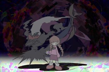 1girl braid brown_hair brown_shoes closed_eyes commentary cresselia darkrai dream_ball english_commentary gen_4_pokemon holding holding_poke_ball lalala-hyuponia legendary_pokemon madotsuki mythical_pokemon nintendo pink_skirt pink_sweater poke_ball pokemon pokemon_(creature) shadow shoes skirt socks sweater trait_connection twin_braids white_socks yume_nikki