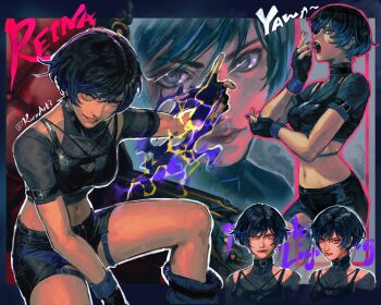 Rule 34 | 1girl, absurdres, black bra, black hair, black shirt, black shorts, bra, bra over clothes, character name, cowboy shot, cropped shirt, electricity, highres, kornart, midriff, multiple views, navel, reina (tekken), shirt, short hair, short shorts, shorts, tekken, tekken 8, twitter username, underwear, yawning