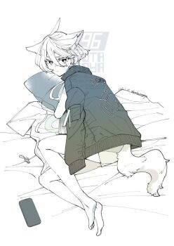 1girl animal_ears artist_name barefoot borrowed_clothes cat_ears cat_girl cat_tail cellphone closed_mouth commentary_request dated gundam gundam_suisei_no_majo hots_(gundam_suisei_no_majo) hugging_object kemonomimi_mode kurosuke_(yekyy) looking_at_viewer miorine_rembran phone pillow pillow_hug shorts smartphone solo tail toes twitter_username watermark