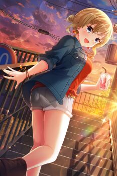 1girl :d absurdres alternate_hairstyle alternative_girls ass blonde_hair blue_eyes blue_jacket blush bracelet breasts brown_shoes cloud cloudy_sky commentary_request cup denim denim_jacket disposable_cup drink earrings evening floating_earrings from_behind from_below fur-trimmed_shorts fur_trim gem gradient_sky grey_shorts hair_rings hair_up heart heart_earrings highres holding holding_cup jacket jewelry lens_flare looking_back medium_breasts official_art open_mouth orange_gemstone outdoors purple_sky railing red_shirt red_sky road_sign second-party_source shirt shoes short_shorts shorts sign single_hair_ring sky smile solo sparkle stairs sylvia_richter tied_shirt