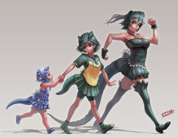 3girls age_progression baby_godzilla baby_godzilla_(cosplay) bike_shorts bloomers blue_hair breasts cosplay fingerless_gloves gamerag gloves godzilla_(series) godzilla_junior godzilla_junior_(cosplay) godzilla_vs._destoroyah godzilla_vs._mechagodzilla_ii godzilla_vs._spacegodzilla green_hair highres holding_hands large_breasts little_godzilla little_godzilla_(cosplay) medium_breasts monster_girl multiple_girls multiple_persona orange_eyes personification school_uniform serafuku shoes short_hair shorts smile tail thighhighs toho underwear walking