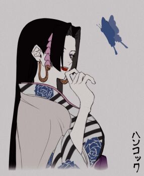 boa_hancock bug butterfly commentary_request disembodied_torso earrings floral_print floral_print_kimono from_side highres insect japanese_clothes jewelry kimono long_hair one_piece print_kimono red_lips simple_background siokosho_kinoko translation_request upper_body