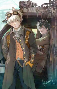 Rule 34 | 2boys, absurdres, alternate universe, bakugou katsuki, black pants, boku no hero academia, coat, collared coat, commentary request, gloves, goggles, goggles on head, green eyes, grey coat, hands in pockets, highres, koromo06418109, long sleeves, looking to the side, male focus, midoriya izuku, multiple boys, open clothes, open coat, orange vest, pants, red eyes, scarf, sideways glance, signature, sitting, standing, steampunk, vest, wing collar