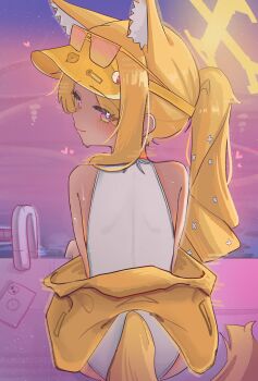 1girl absurdres animal_ears blonde_hair blue_archive fox_ears fox_tail halo high_(hgih) highres loli long_hair looking_at_viewer looking_back official_alternate_costume one-piece_swimsuit ponytail seia_(blue_archive) seia_(swimsuit)_(blue_archive) solo swimsuit tail visor_cap white_one-piece_swimsuit