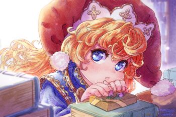 Rule 34 | 1girl, blonde hair, blue eyes, blue robe, blue tabard, book, book stack, box, charlotte (seiken densetsu 3), closed mouth, commentary request, curly hair, flower, gift, gift box, gold trim, hair between eyes, hat, jester cap, light blush, long hair, looking at viewer, pom pom hat ornament, purple flower, red hat, robe, seiken densetsu, seiken densetsu 3, solo, tabard, taruneko2006