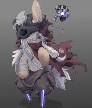 1other amputee animal_ears bandaged_arm bandaged_ear bandages cape commentary_request disembodied_hand double_amputee full_body furry glowing gradient_background grey_background hair_over_one_eye helmet highres long_hair looking_at_viewer low-tied_sidelocks made_in_abyss marudoll nanachi_(made_in_abyss) notched_ear other_focus pants prosthesis purple_eyes rabbit_ears red_cape sidelocks simple_background solo torn_cape torn_clothes white_hair