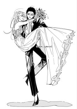 2girls absurdres bouquet carrying closed_mouth commentary dress earrings english_commentary flower formal_clothes greyscale high_heels highres holding holding_bouquet jewelry mole mole_above_eye mole_under_mouth monochrome multiple_girls original pants parted_lips princess_carry smile standing standing_on_one_leg suit szm_hattori01 wedding_dress wife_and_wife yuri