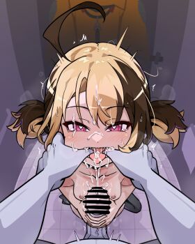 1boy 1girl ahoge bar_censor breasts censored cum cum_on_body facial finger_in_another's_mouth gigi_murin heart heart-shaped_pupils highres hololive hololive_english light_blush moral_cacoethes multicolored_hair nude purple_eyes sharp_teeth small_breasts symbol-shaped_pupils teeth virtual_youtuber