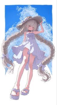 1girl betteroffffffff braid brown_hair commentary dress flip-flops full_body hat highres long_hair looking_at_viewer makaino_ririmu makaino_ririmu_(3rd_costume) nijisanji official_alternate_costume pointy_ears sandals smile solo straw_hat sundress twin_braids untranslatable_commentary very_long_hair virtual_youtuber white_dress