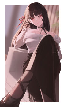 1girl alternate_costume artist_name black_choker black_hair black_pantyhose black_skirt blurry blurry_background breasts chisa_(wuthering_waves) choker closed_mouth commentary crossed_legs earrings english_commentary hair_ribbon hand_up highres iamnk indoors jewelry long_hair long_skirt long_sleeves medium_breasts mole mole_under_eye off-shoulder_shirt off_shoulder pantyhose red_ribbon ribbon shirt sitting skirt smile solo wuthering_waves