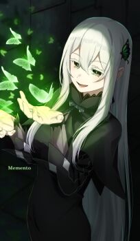 Rule 34 | 1girl, artist name, black capelet, black dress, bug, butterfly, butterfly hair ornament, capelet, colored eyelashes, dress, echidna (re:zero), glowing butterfly, green eyes, hair between eyes, hair ornament, highres, insect, long hair, long sleeves, lower teeth only, open mouth, re:zero kara hajimeru isekai seikatsu, sirata maru000, smile, solo, striped clothes, striped dress, teeth, vertical-striped clothes, vertical-striped dress, very long hair, white hair