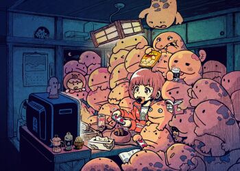 1girl bag_of_chips brown_hair cactus calendar_(object) can controller crt dogpile eating food game_cartridge game_console game_controller haniwa_(statue) indoors jacket mouth_hold original plant playing_games potted_plant reading salamander senbei table television tissue_box too_many yamarlu