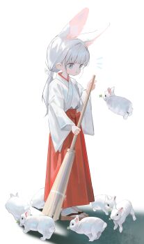 1girl absurdres animal_ears blue_eyes broom child commentary doubutsunoujyou extra_ears full_body hakama hakama_skirt has_bad_revision has_downscaled_revision highres holding holding_broom japanese_clothes kimono long_hair long_sleeves low_ponytail md5_mismatch miko motion_lines okobo original platform_sandals ponytail rabbit_ears rabbit_girl red_hakama resolution_mismatch sandals skirt solo source_smaller standing tabi white_hair white_kimono white_rabbit_(animal) wide_sleeves