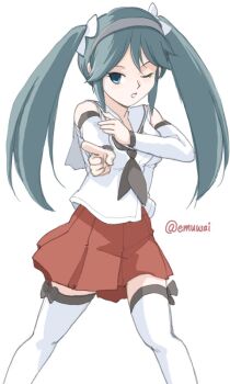 1girl detached_sleeves emuwai feet_out_of_frame finger_gun green_eyes grey_hair grey_hairband hairband isuzu_(kancolle) isuzu_kai_ni_(kancolle) kantai_collection long_hair one-hour_drawing_challenge pleated_skirt red_skirt sailor_collar sailor_shirt shirt simple_background skirt solo thighhighs twintails twitter_username white_background white_sailor_collar white_shirt white_thighhighs