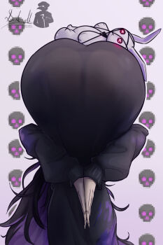 Rule 34 | 1girl, amen pose (meme), ass, ass focus, black cardigan, black dress, black hair, cardigan, colored inner hair, commentary, doktor malefic, dress, english commentary, from behind, goddess of victory: nikke, highres, label (nikke), meme, multicolored hair, purple hair, skull, solo, stuffed animal, stuffed rabbit, stuffed toy, taut clothes, taut dress, two-tone hair