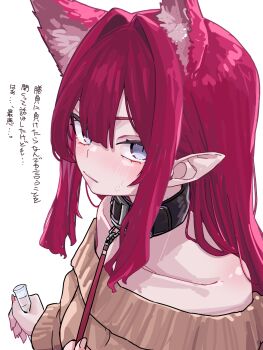 1girl animal_ears baobhan_sith_(fate) blush fate/grand_order fate_(series) green_eyes grey_eyes highres holding holding_vial leash looking_at_viewer niwaikanai pointy_ears sidelocks solo sweater translation_request vial white_background wolf_ears